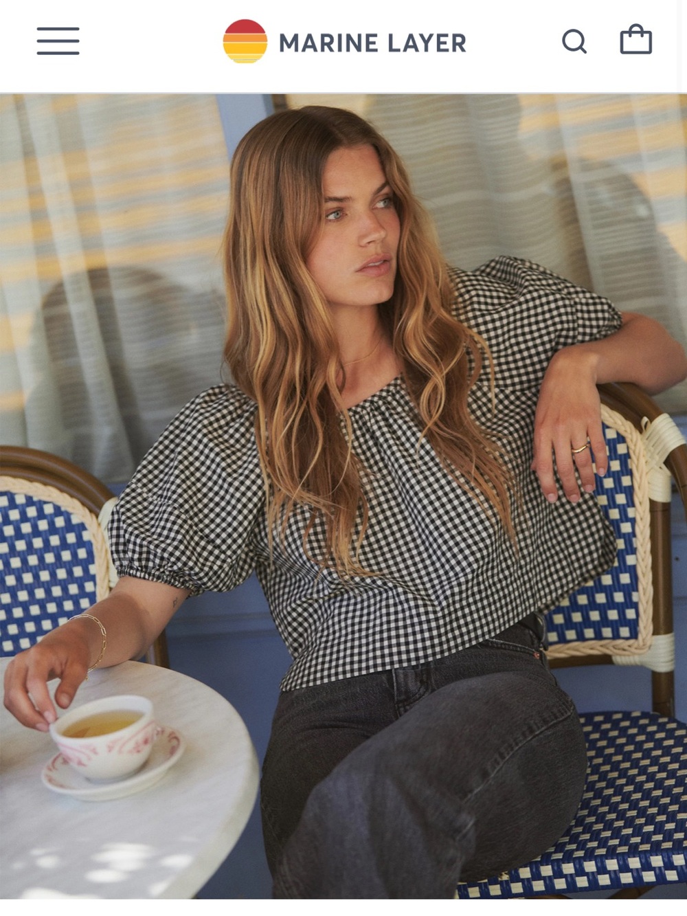 Marine Layer Gia Poplin Black & White Gingham Puff-Sleeve Top